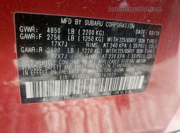 4S4BTADC7R3263832 2024 SUBARU OUTBACK Красный Панорамный вид салона 360°