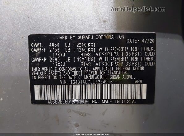4S4BTAEC3L3234916 2020 SUBARU OUTBACK Серебряный Вид подкапотного пространства