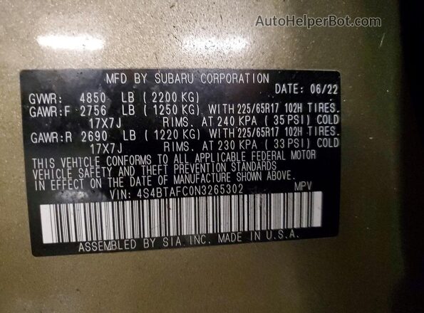 4S4BTAFC0N3265302 2022 SUBARU OUTBACK Green VIN კოდის სტიკერის ხედი
