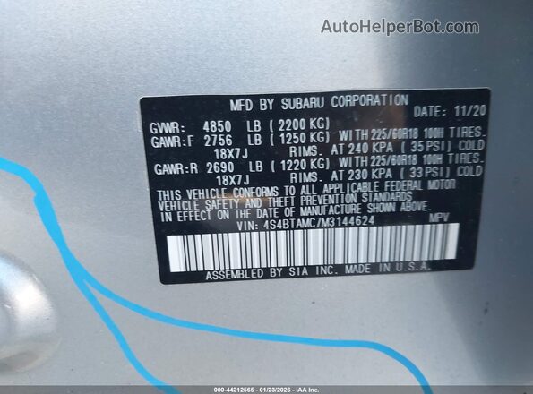 4S4BTAMC7M3144624 2021 SUBARU OUTBACK Silver Вид підкапотного простору