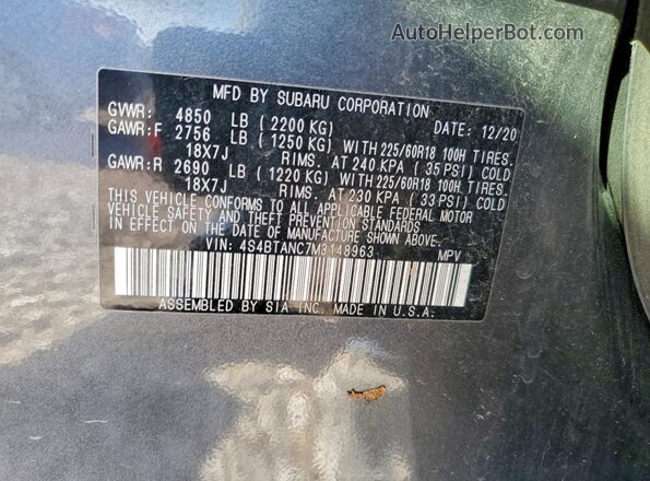 4S4BTANC7M3148963 2021 SUBARU OUTBACK Gray Вид наклейки з VIN-кодом