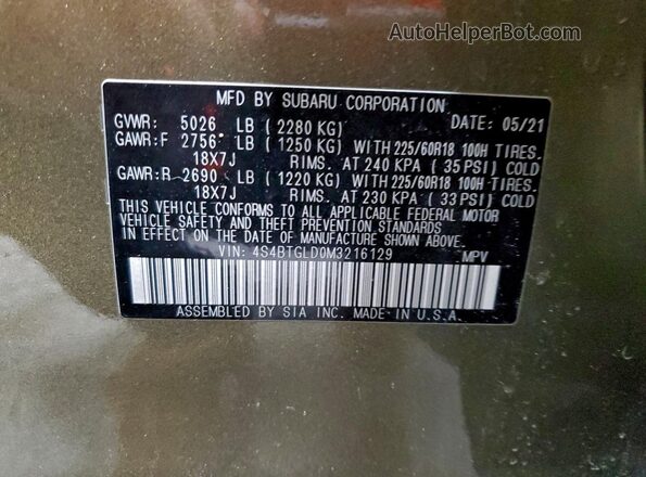 4S4BTGLD0M3216129 2021 SUBARU OUTBACK Green Widok wnętrza 360 stopni