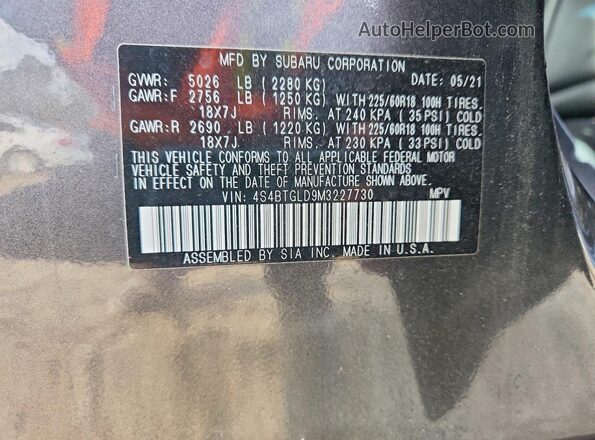 4S4BTGLD9M3227730 2021 SUBARU OUTBACK Gray Widok wnętrza 360 stopni