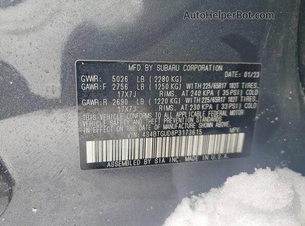 4S4BTGUD8P3173615 2023 SUBARU OUTBACK Серый Вид наклейки с VIN-кодом