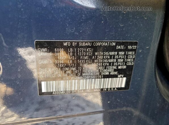 4S4WMACD8P3402761 2023 SUBARU ASCENT Blue Widok naklejki z numerem VIN