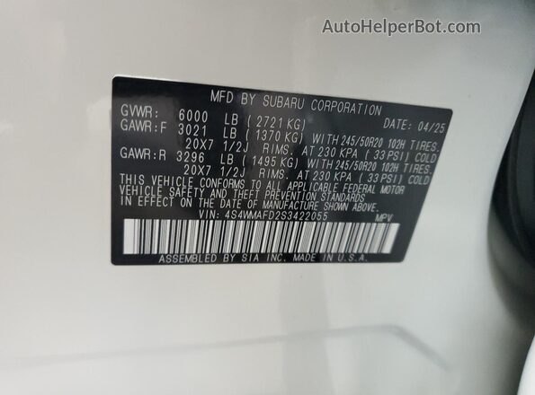 4S4WMAFD2S3422055 2025 SUBARU ASCENT White Widok naklejki z numerem VIN