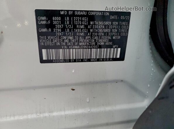 4S4WMAJD9N3442007 2022 SUBARU ASCENT Белый Вид наклейки с VIN-кодом