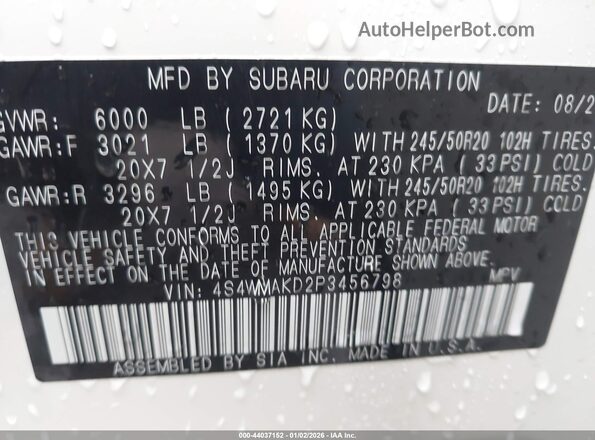 4S4WMAKD2P3456798 2023 SUBARU ASCENT White Widok komory silnika