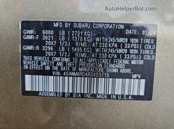 4S4WMARD4R3423715 2024 SUBARU ASCENT Зеленый Панорамный вид салона 360°