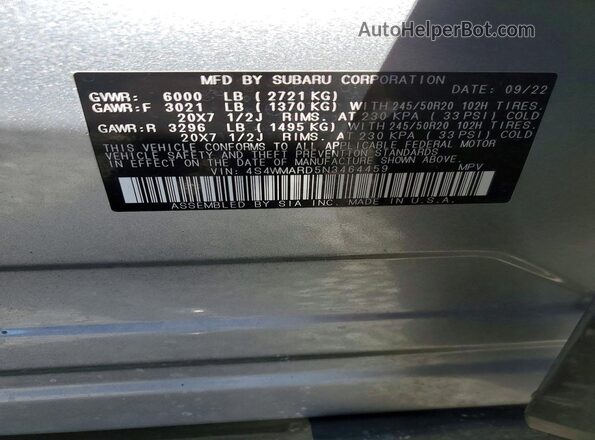4S4WMARD5N3464459 2022 SUBARU ASCENT Silver Widok naklejki z numerem VIN