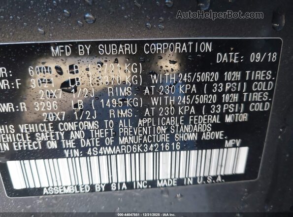 4S4WMARD6K3421616 2019 SUBARU ASCENT Gray ძრავის განყოფილების ხედი