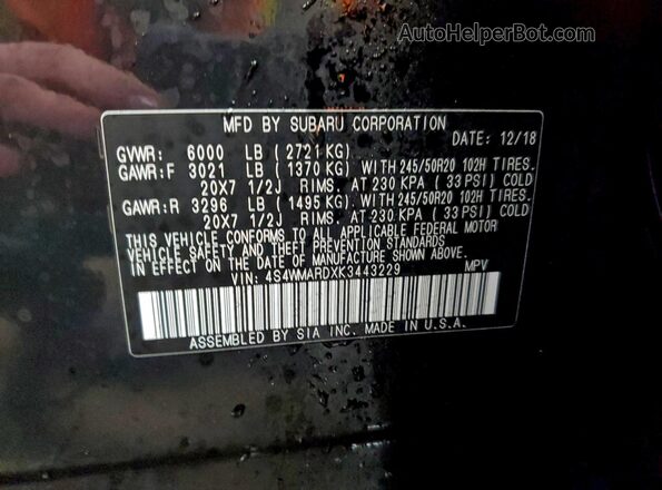 4S4WMARDXK3443229 2019 SUBARU ASCENT Black Вид наклейки з VIN-кодом