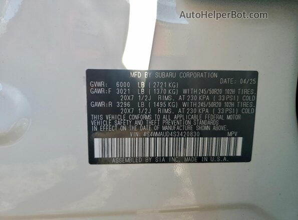 4S4WMAUD4S3420830 2025 SUBARU ASCENT White Вид наклейки з VIN-кодом