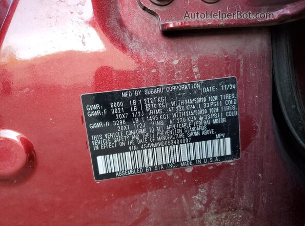 4S4WMAWD0S3404007 2025 SUBARU ASCENT Красный Вид наклейки с VIN-кодом