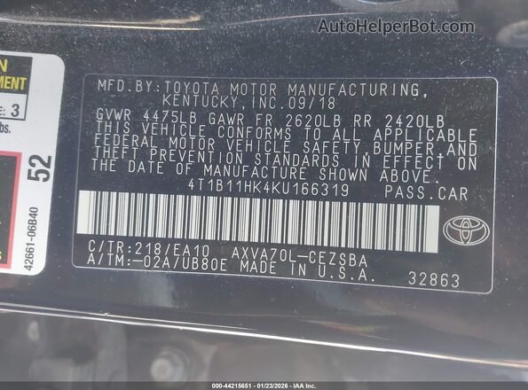 4T1B11HK4KU166319 2019 TOYOTA CAMRY Black Vista del compartimento del motor