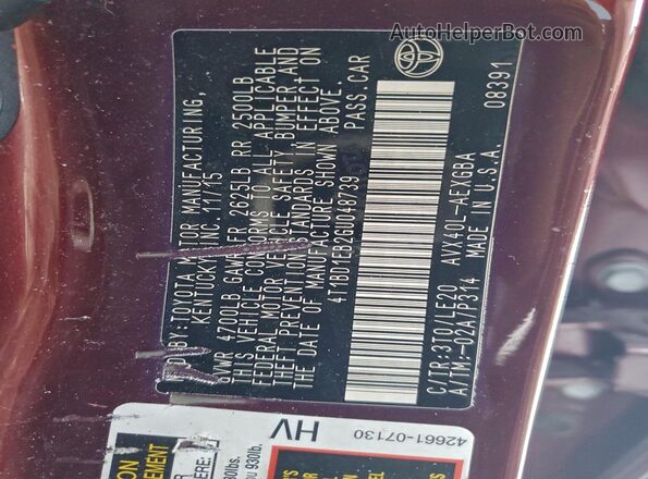 4T1BD1EB2GU048739 2016 TOYOTA AVALON Бордовый Вид наклейки с VIN-кодом