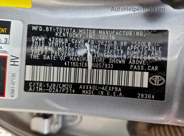 4T1BD1EB8HU057933 2017 TOYOTA AVALON Silver Vista de la etiqueta del VIN