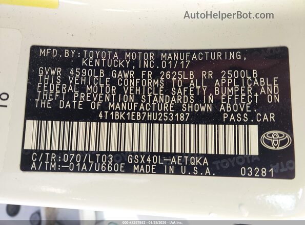 4T1BK1EB7HU253187 2017 TOYOTA AVALON Белый Вид подкапотного пространства