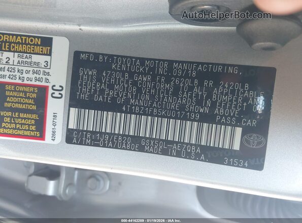 4T1BZ1FB5KU017199 2019 TOYOTA AVALON Серебряный Вид подкапотного пространства