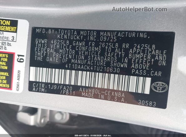 4T1DAACK4TU210630 2026 TOYOTA LE Серебряный Вид подкапотного пространства