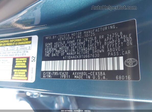 4T1DAACK9TU667630 2026 TOYOTA CAMRY Blue Вид підкапотного простору