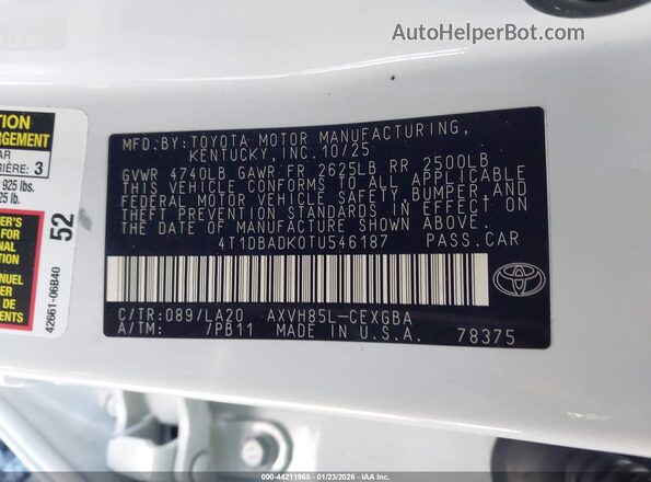 4T1DBADK0TU546187 2026 TOYOTA LE Белый Вид подкапотного пространства