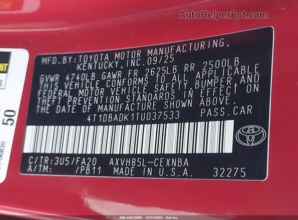 4T1DBADK1TU037533 2026 TOYOTA LE Красный Вид подкапотного пространства