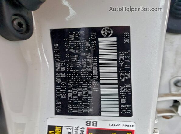 4T1EA1AB0MU008649 2021 TOYOTA AVALON Белый Вид подкапотного пространства
