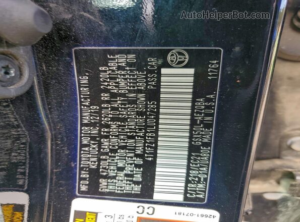 4T1FZ1FB1LU047285 2020 TOYOTA AVALON Черный Вид подкапотного пространства