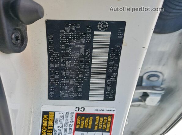 4T1HZ1FB1NU074255 2022 TOYOTA AVALON White Vista del compartimento del motor
