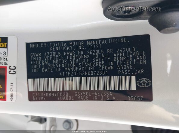 4T1HZ1FB3NU072801 2022 TOYOTA AVALON Белый Вид подкапотного пространства