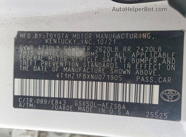 4T1HZ1FBXNU071905 2022 TOYOTA AVALON White Widok naklejki z numerem VIN
