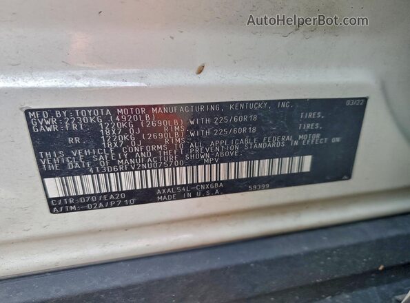4T3D6RFV2NU075700 2022 TOYOTA LIMITED White VIN sticker view