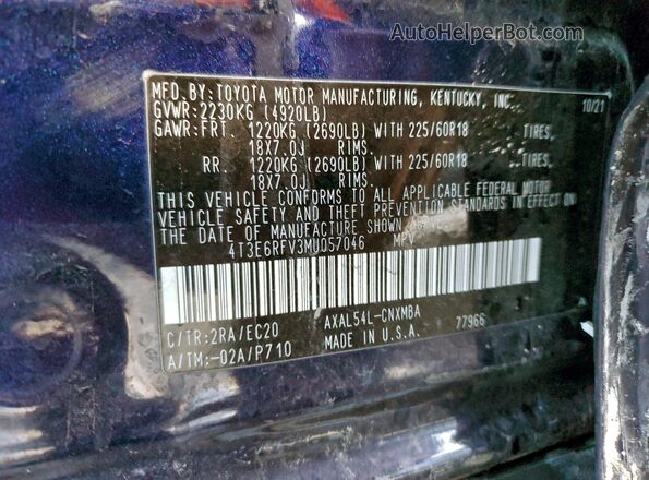 4T3E6RFV3MU057046 2021 TOYOTA RAV4 Blue Սալոնի 360 աստիճան տեսք