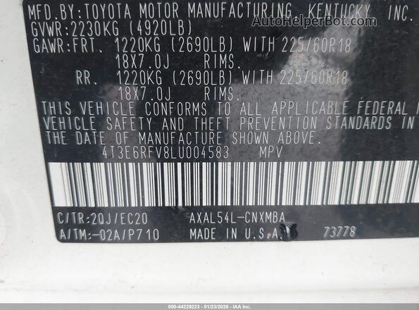 4T3E6RFV8LU004583 2020 TOYOTA RAV4 HYBRID White Engine compartment view