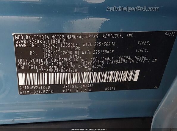 4T3T6RFV3NU081260 2022 TOYOTA RAV4 HYBRID Синий Вид подкапотного пространства
