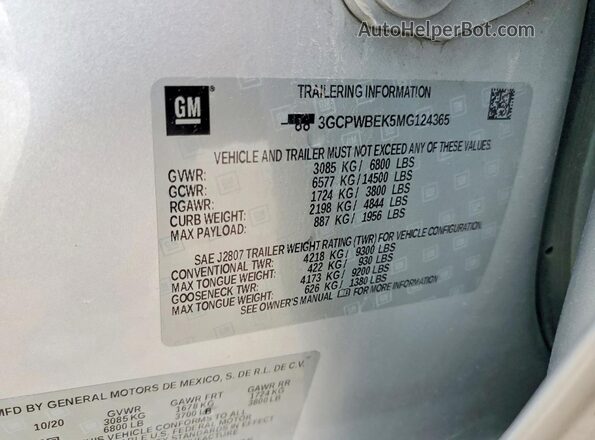 3GCPWBEK5MG124365 2021 CHEVROLET ALL MODELS Серебряный Вид наклейки с VIN-кодом