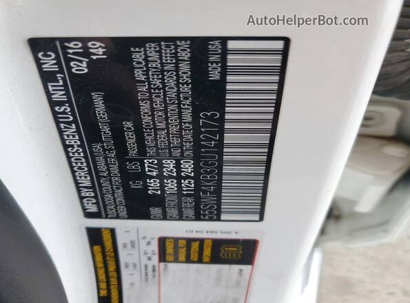 55SWF4KB3GU142173 2016 MERCEDES-BENZ C White VIN კოდის სტიკერის ხედი