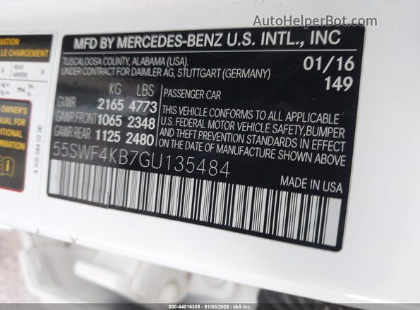 55SWF4KB7GU135484 2016 MERCEDES-BENZ C-CLASS White Շարժիչի բաժամունքի տեսք
