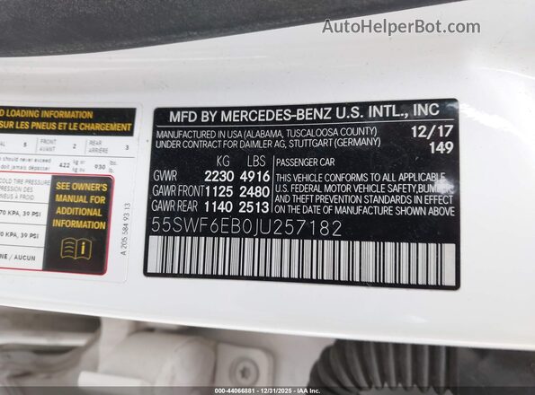 55SWF6EB0JU257182 2018 MERCEDES-BENZ AMG C 43 White ძრავის განყოფილების ხედი