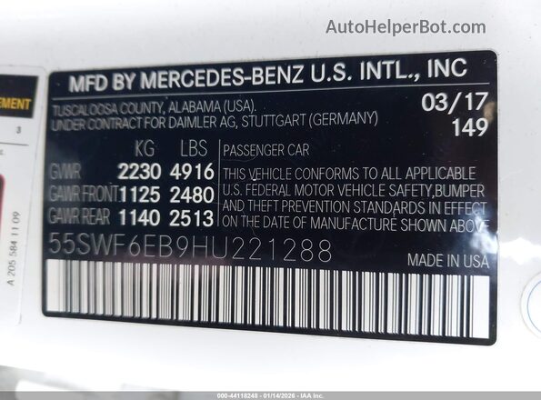 55SWF6EB9HU221288 2017 MERCEDES-BENZ AMG C 43 White ძრავის განყოფილების ხედი