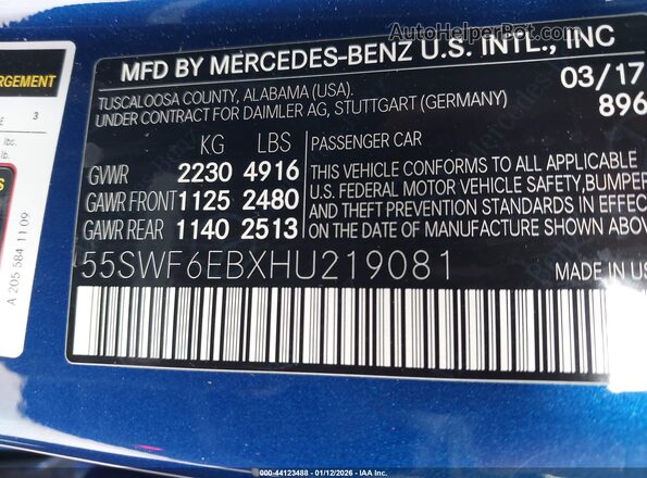 55SWF6EBXHU219081 2017 MERCEDES-BENZ AMG C 43 Blue ძრავის განყოფილების ხედი