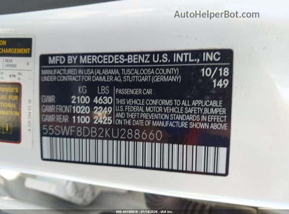 55SWF8DB2KU288660 2019 MERCEDES-BENZ C-CLASS White Widok komory silnika