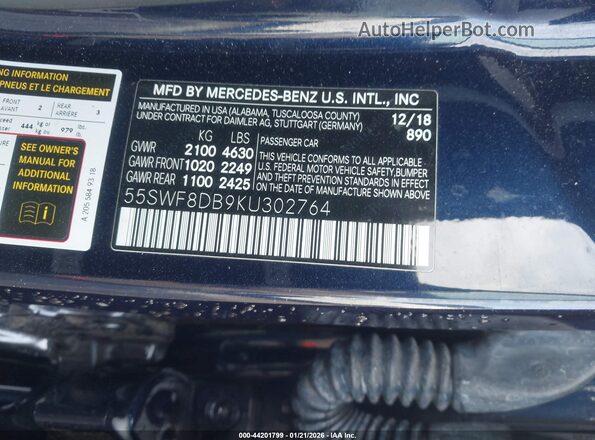 55SWF8DB9KU302764 2019 MERCEDES-BENZ C-CLASS Dark Blue Widok komory silnika