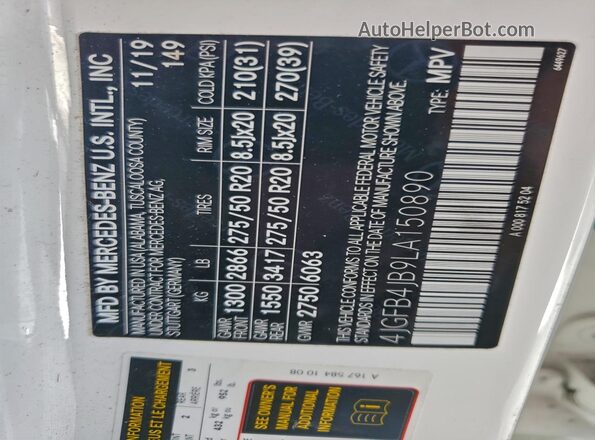 4JGFB4JB9LA150890 2020 MERCEDES-BENZ GLE-CLASS Белый Панорамный вид салона 360°