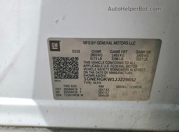 1GNERGKW1JJ229652 2018 CHEVROLET TRAVERSE Белый 