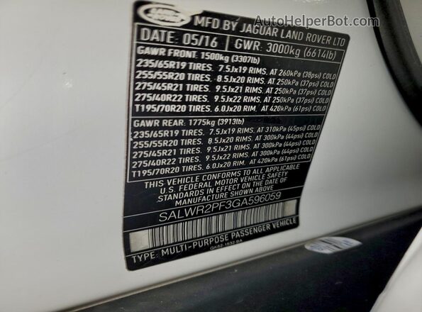 SALWR2PF3GA596059 2016 LAND ROVER RANGE ROVER Белый Панорамный вид салона 360°
