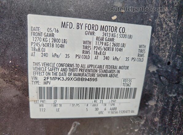 2FMPK3J9XGBB94595 2016 FORD EDGE Gray Vista interior de 360 grados