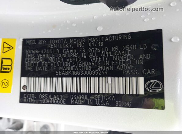 58ABK1GG3JU095244 2018 LEXUS ES 350 Белый Вид подкапотного пространства
