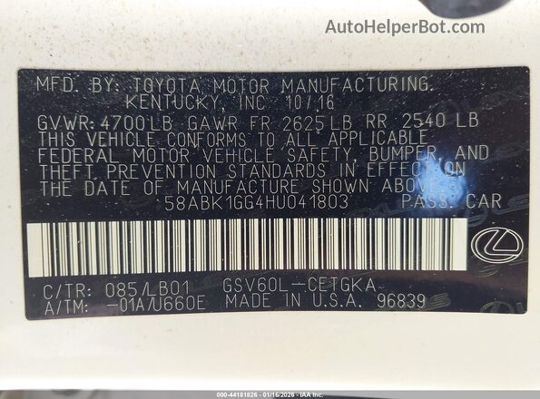 58ABK1GG4HU041803 2017 LEXUS ES 350 Белый Вид подкапотного пространства